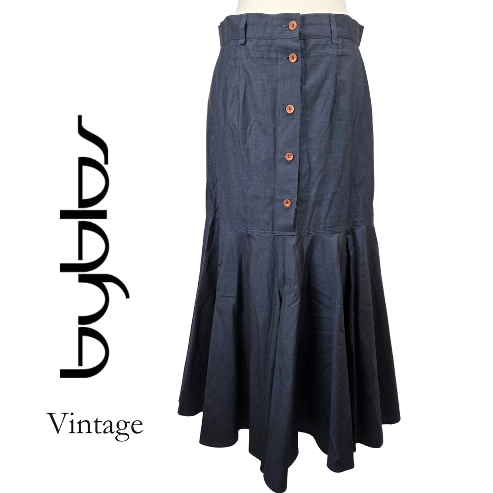 Byblos Vintage Navy Button-Front Flared Maxi Skirt